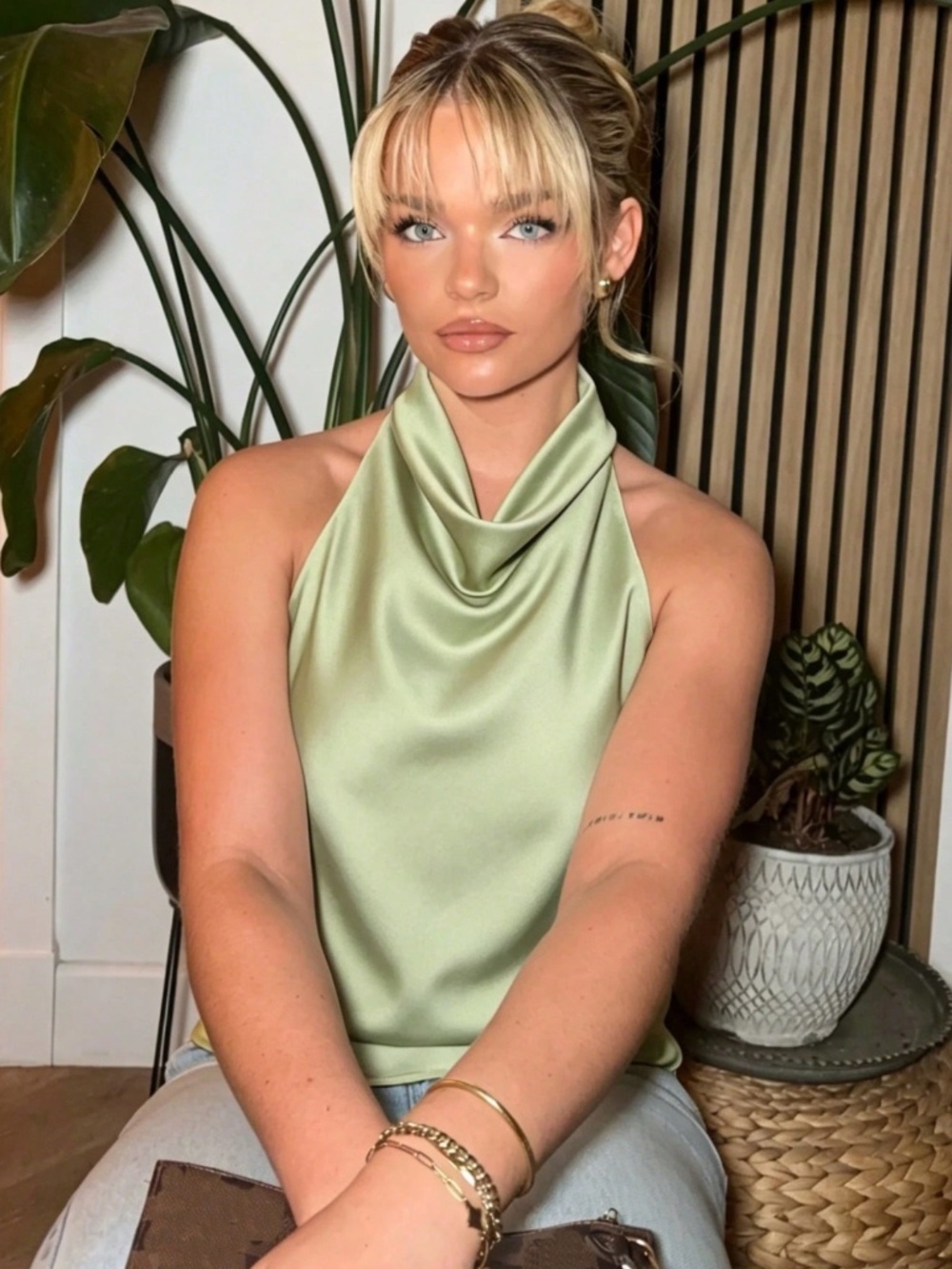 Green Satin Cowl Halter Draped Neck Low Back Blouse Top